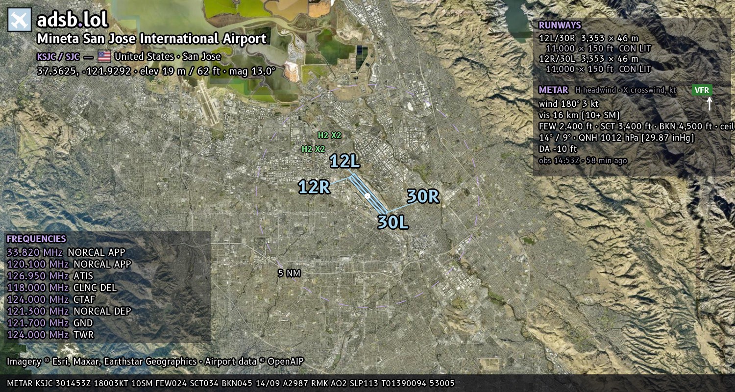 Satellite map with the runway layout of Mineta San Jose International Airport (KSJC)