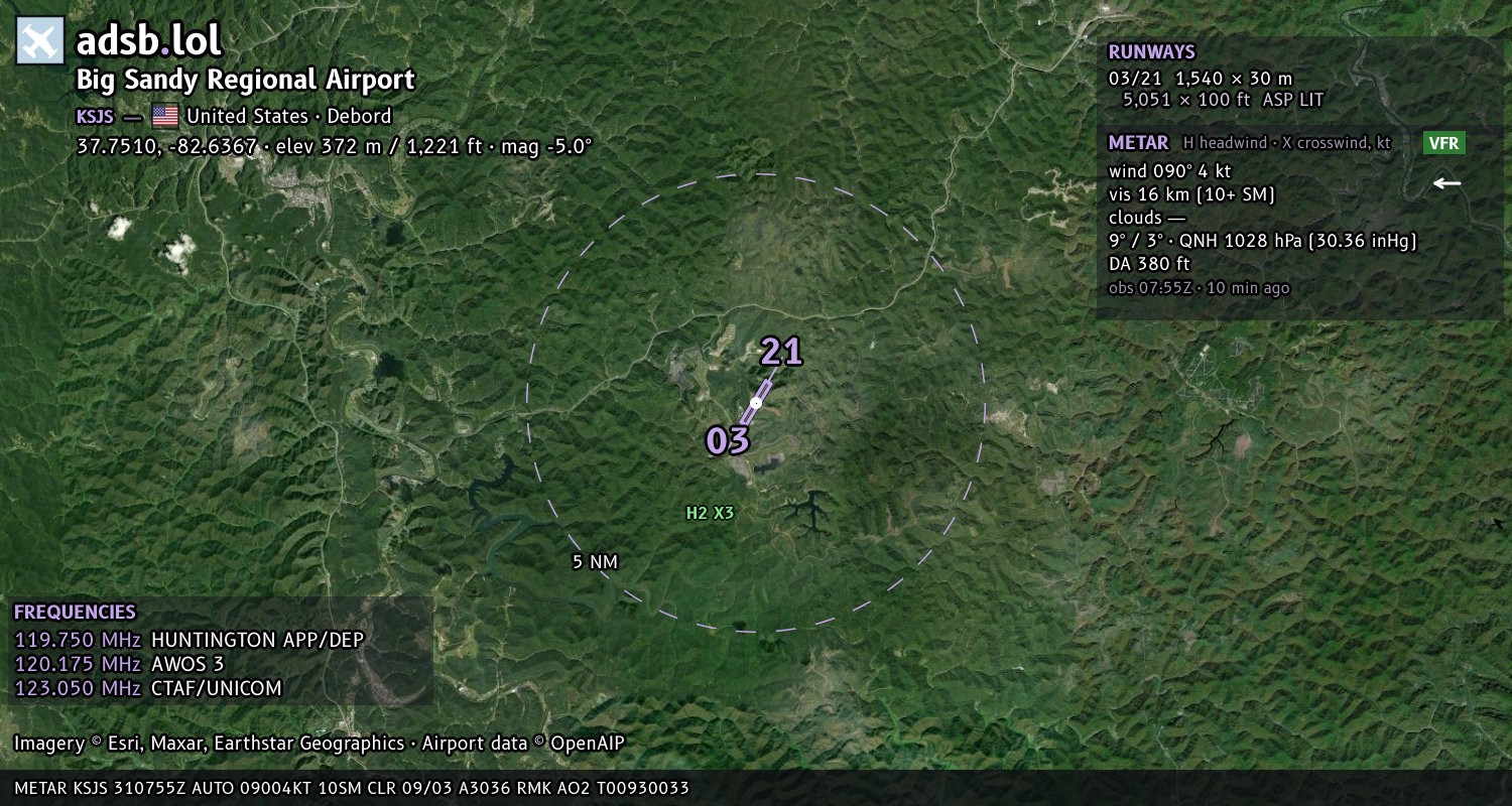 Satellite map with the runway layout of Big Sandy Regional Airport (KSJS)