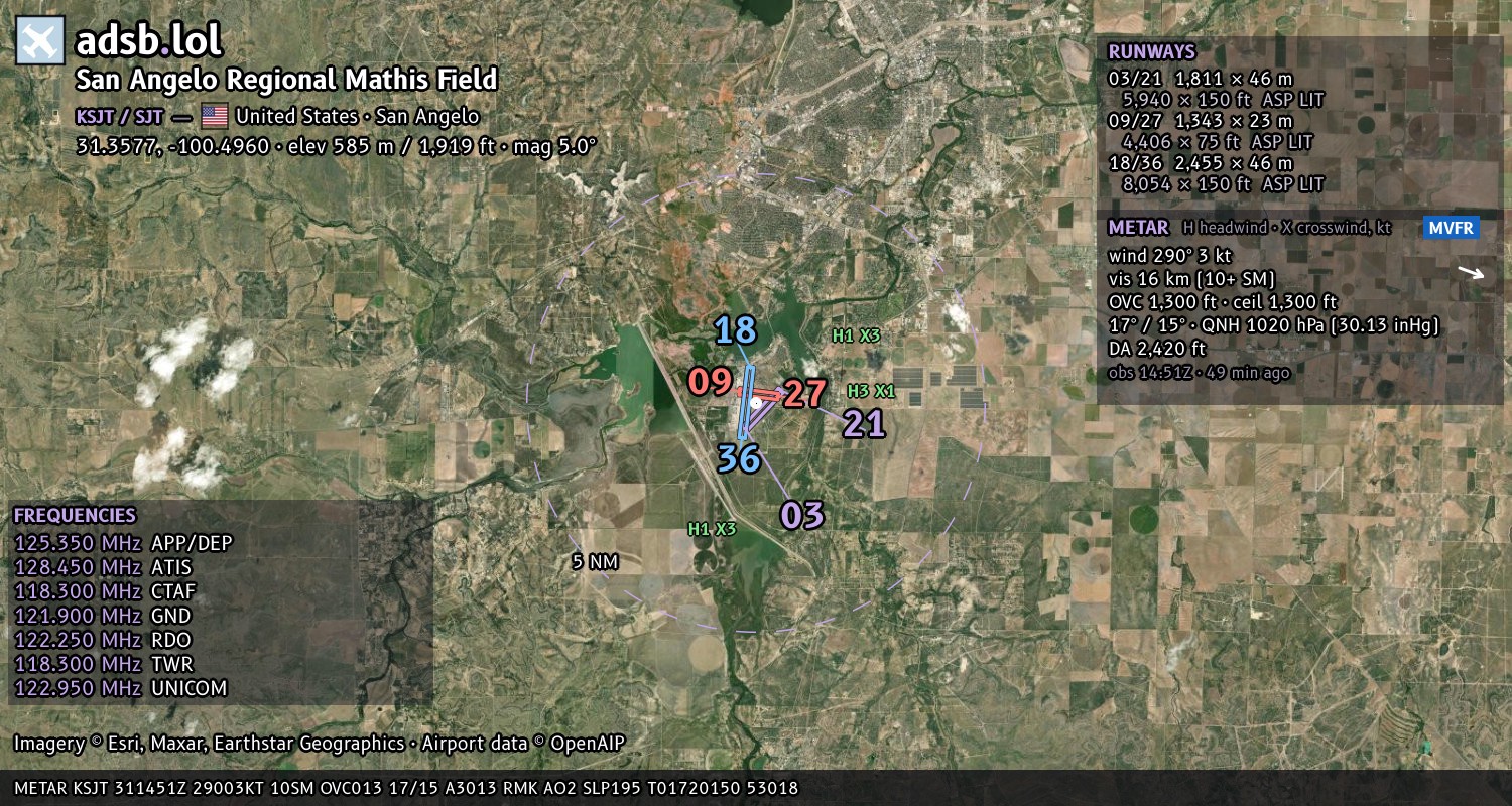 Satellite map with the runway layout of San Angelo Regional Mathis Field (KSJT)