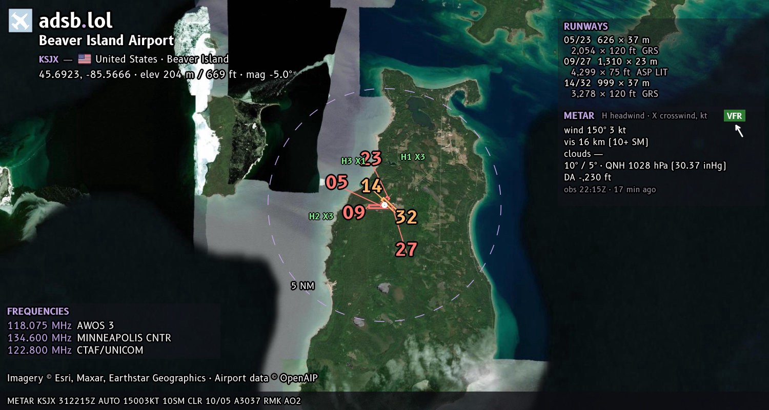 Satellite map with the runway layout of Beaver Island Airport (KSJX)