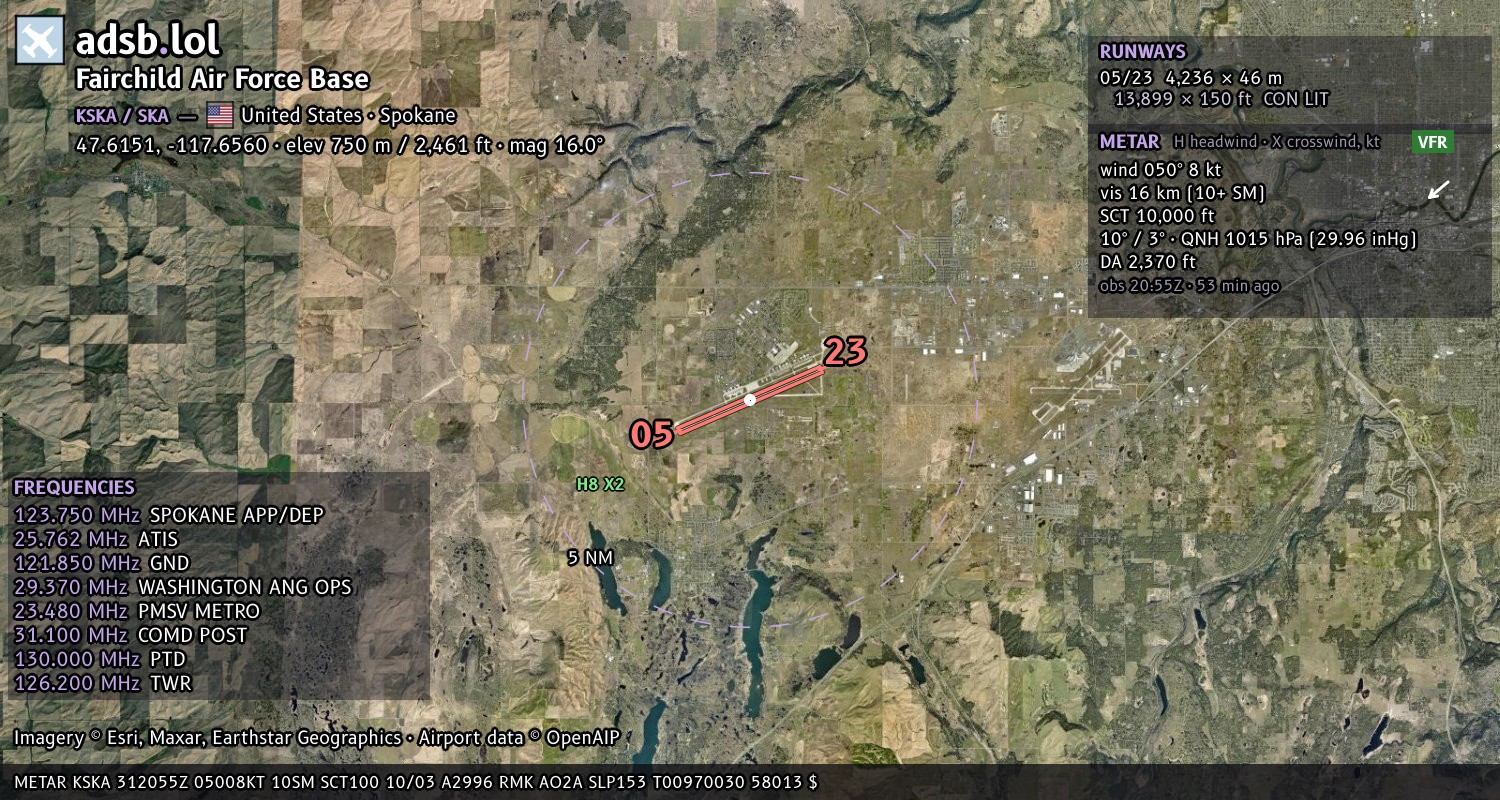 Satellite map with the runway layout of Fairchild Air Force Base (KSKA)