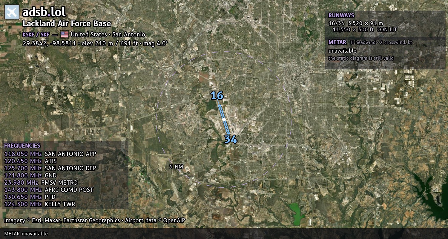 Satellite map with the runway layout of Lackland Air Force Base (KSKF)