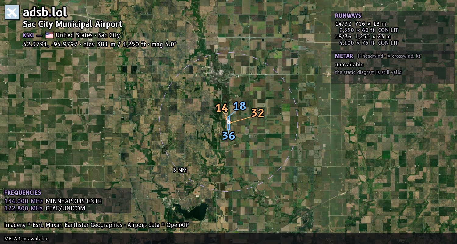 Satellite map with the runway layout of Sac City Municipal Airport (KSKI)