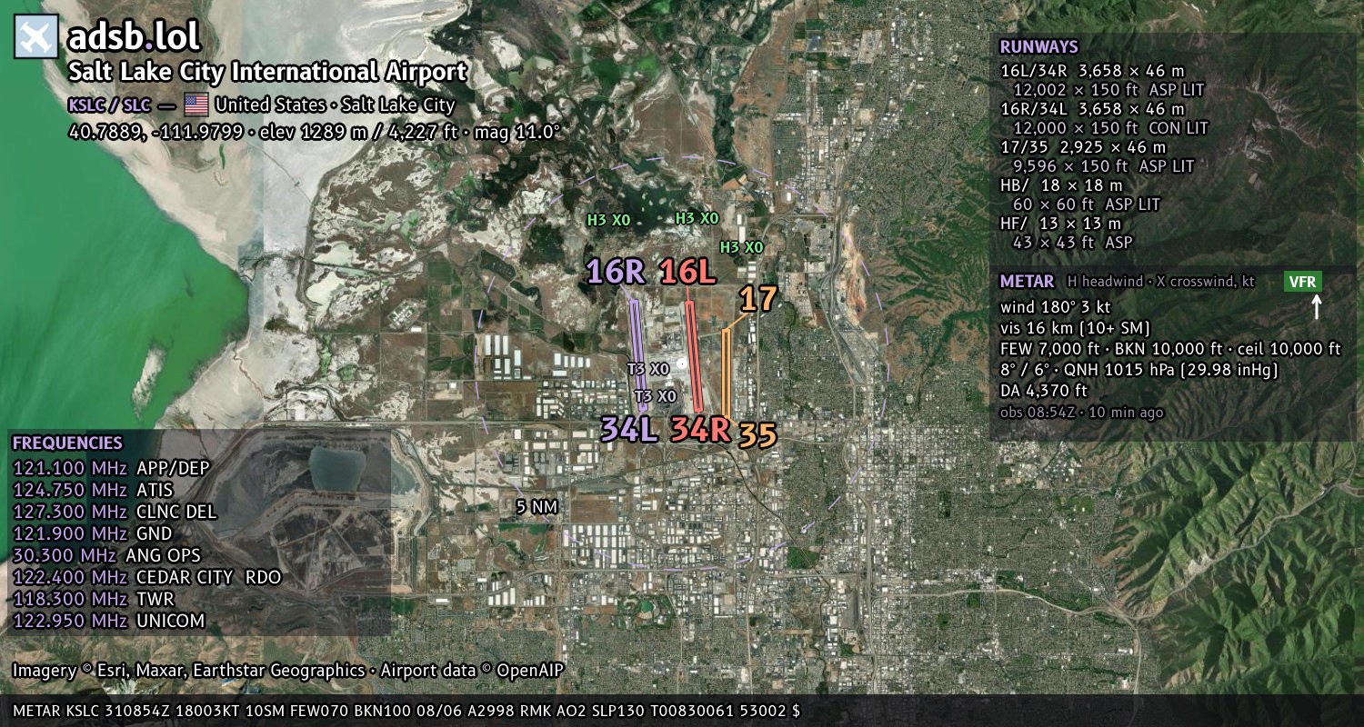 Satellite map with the runway layout of Salt Lake City International Airport (KSLC)