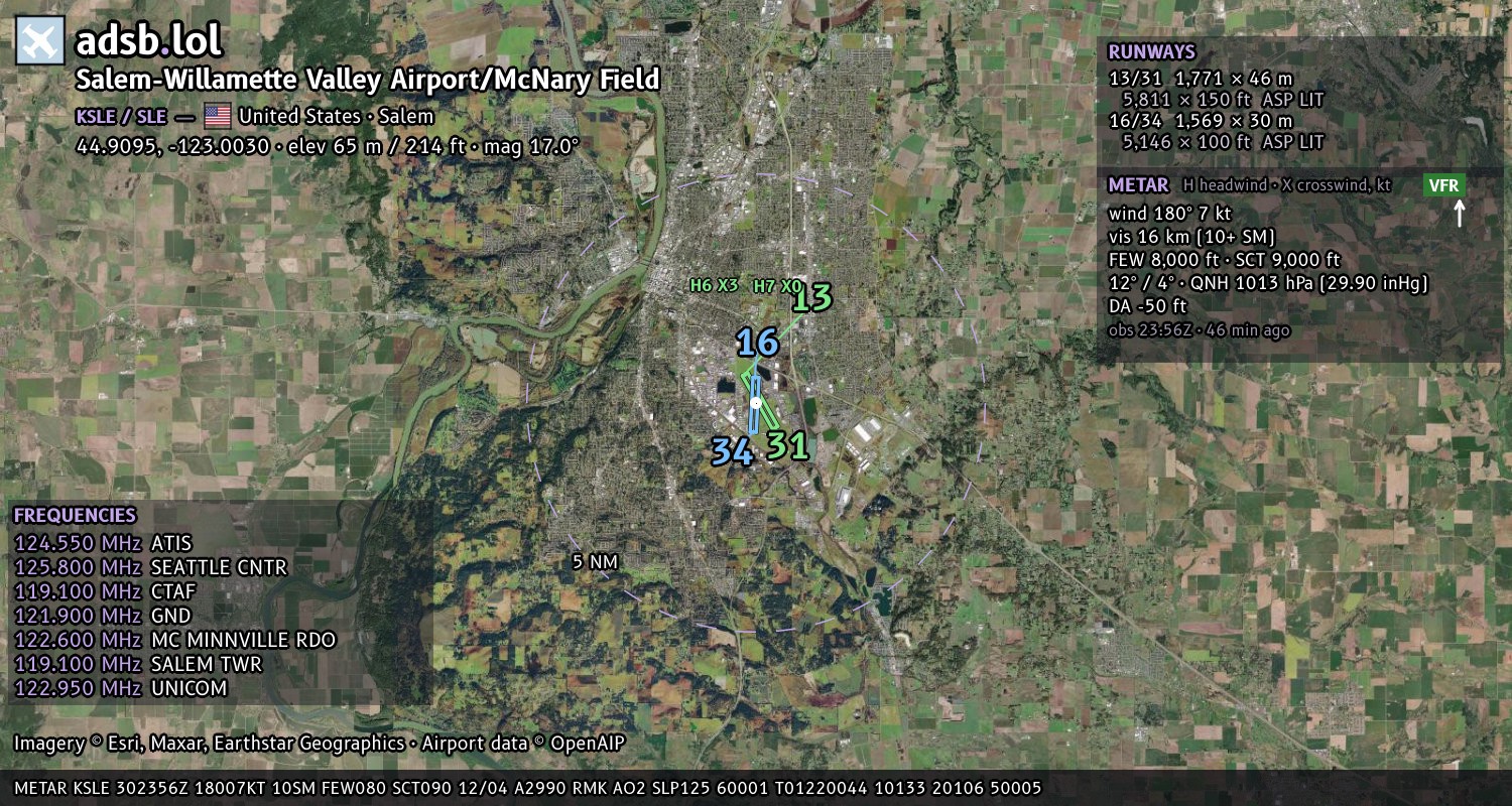Satellite map with the runway layout of Salem-Willamette Valley Airport/McNary Field (KSLE)