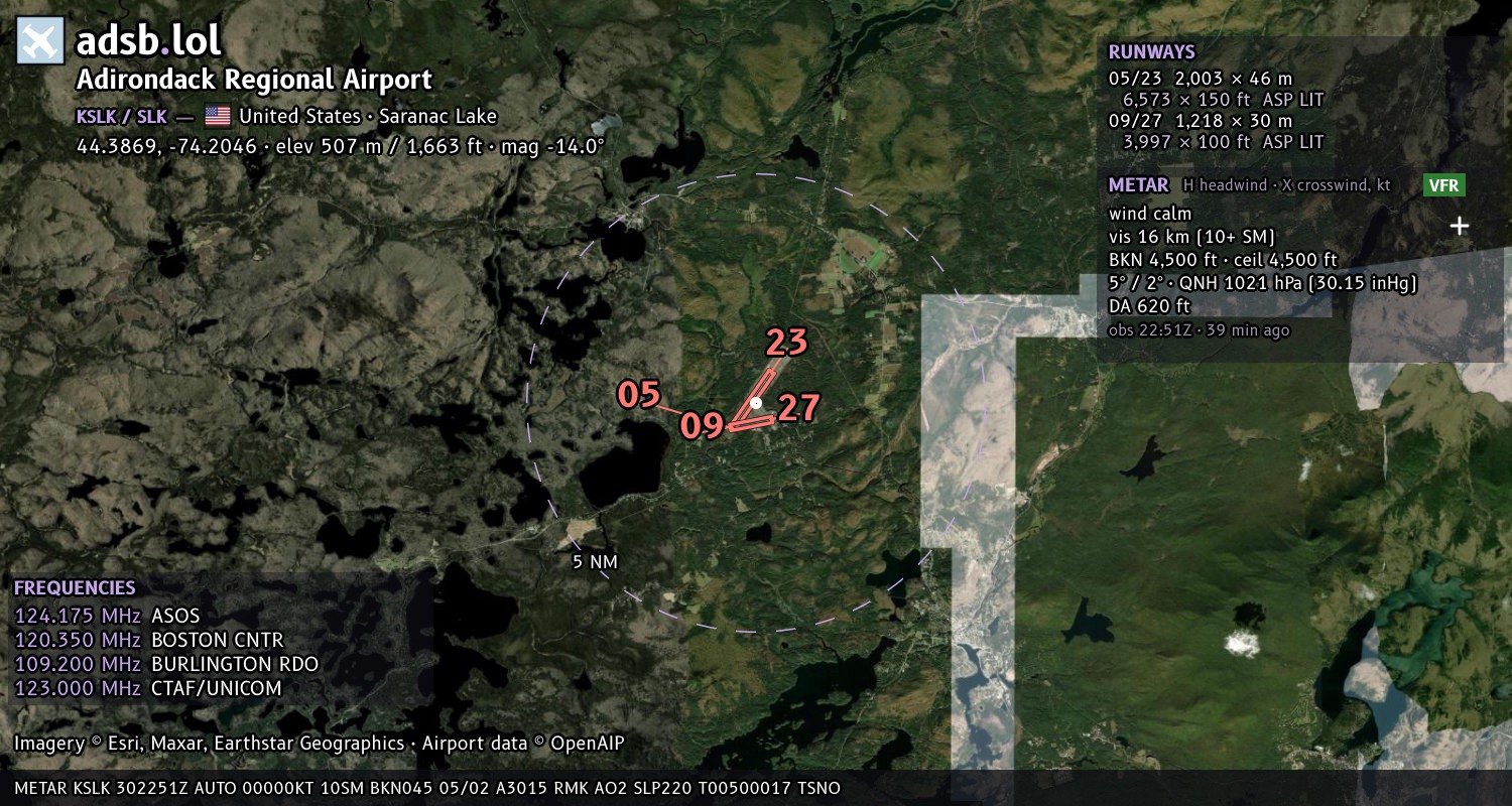 Satellite map with the runway layout of Adirondack Regional Airport (KSLK)