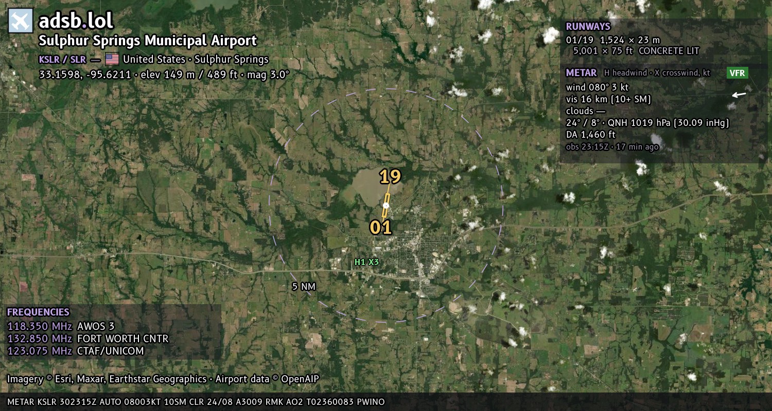 Satellite map with the runway layout of Sulphur Springs Municipal Airport (KSLR)