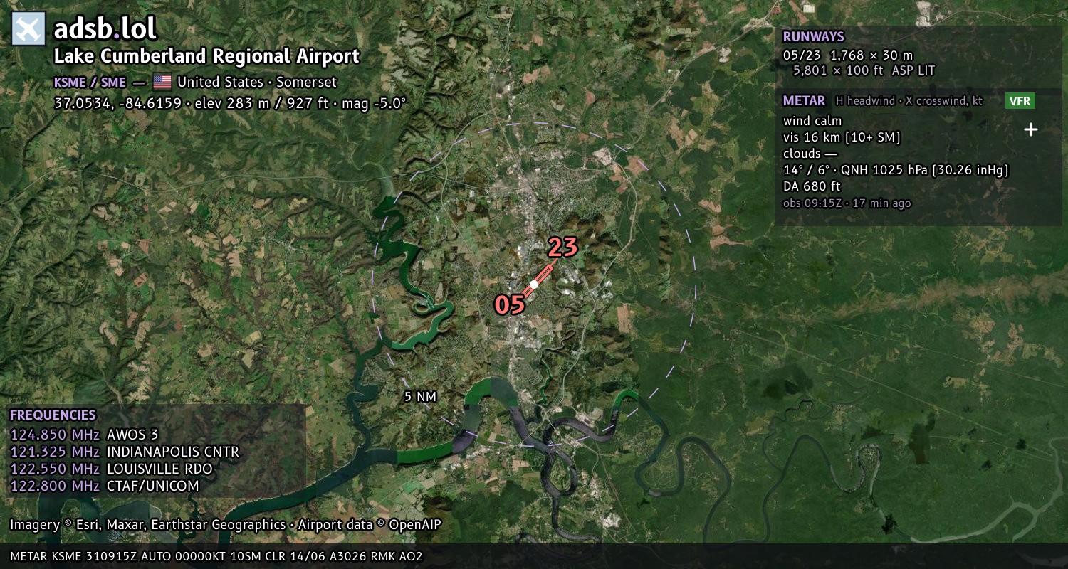 Satellite map with the runway layout of Lake Cumberland Regional Airport (KSME)