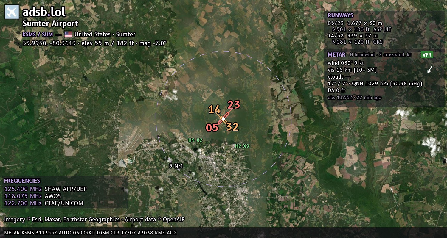 Satellite map with the runway layout of Sumter Airport (KSMS)