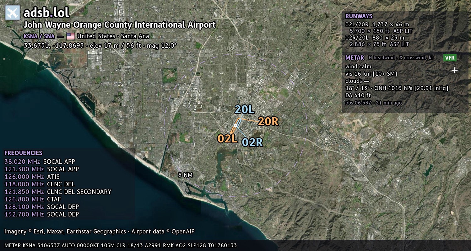 Satellite map with the runway layout of John Wayne Orange County International Airport (KSNA)