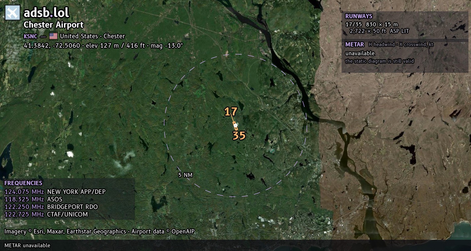 Satellite map with the runway layout of Chester Airport (KSNC)