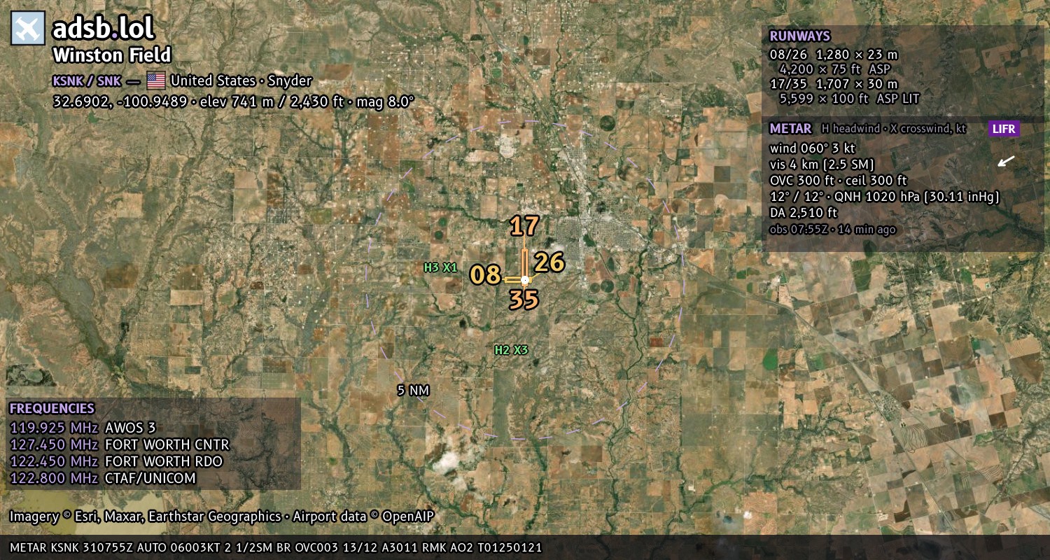 Satellite map with the runway layout of Winston Field (KSNK)