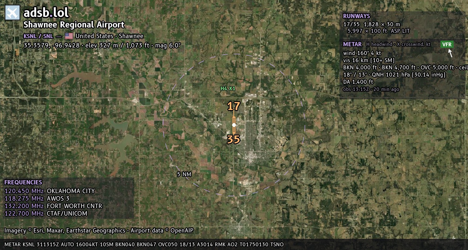 Satellite map with the runway layout of Shawnee Regional Airport (KSNL)