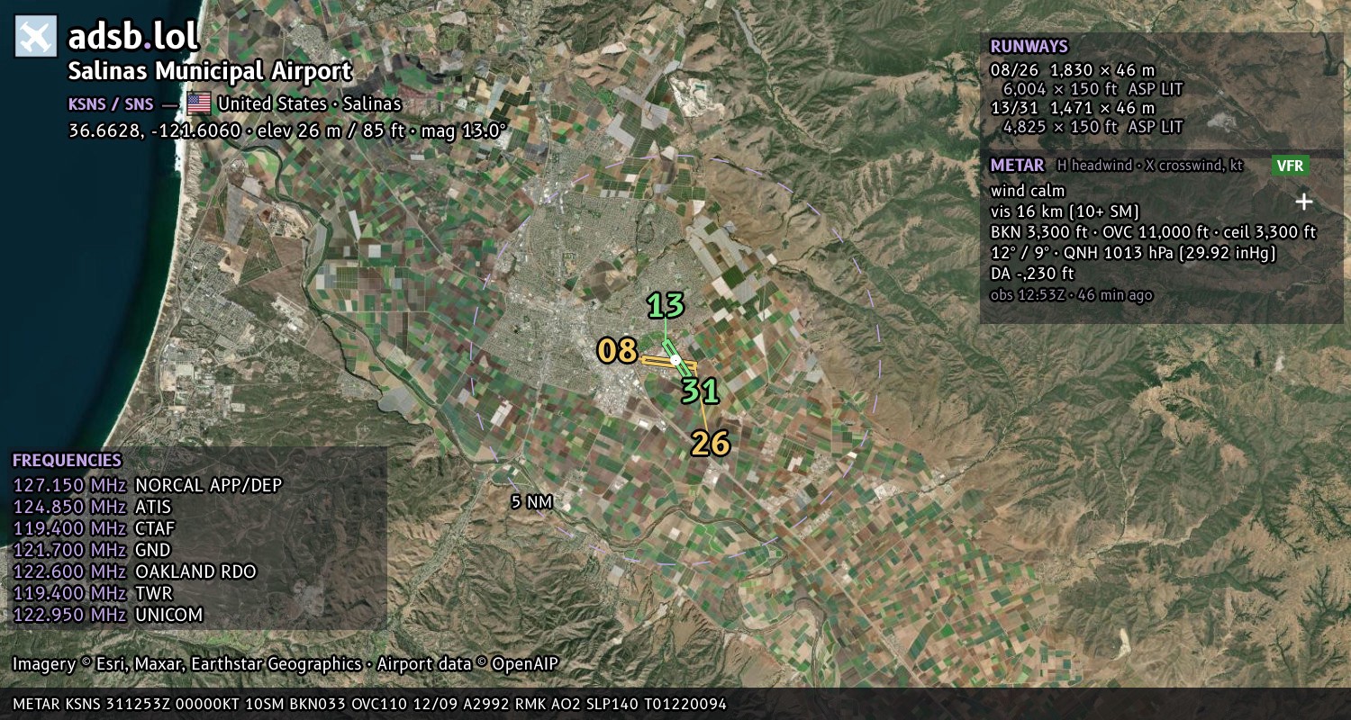 Satellite map with the runway layout of Salinas Municipal Airport (KSNS)