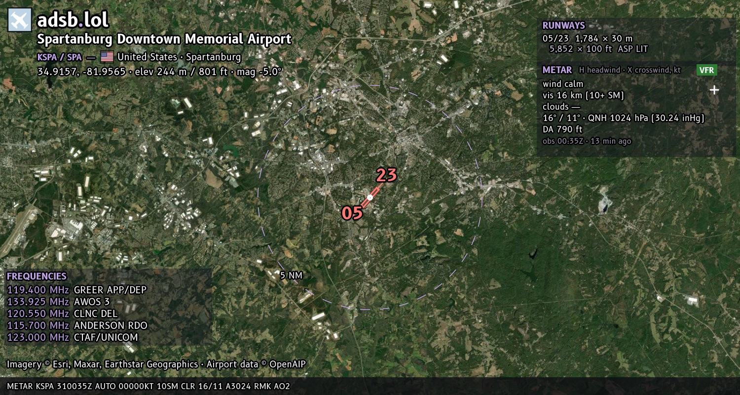 Satellite map with the runway layout of Spartanburg Downtown Memorial Airport (KSPA)
