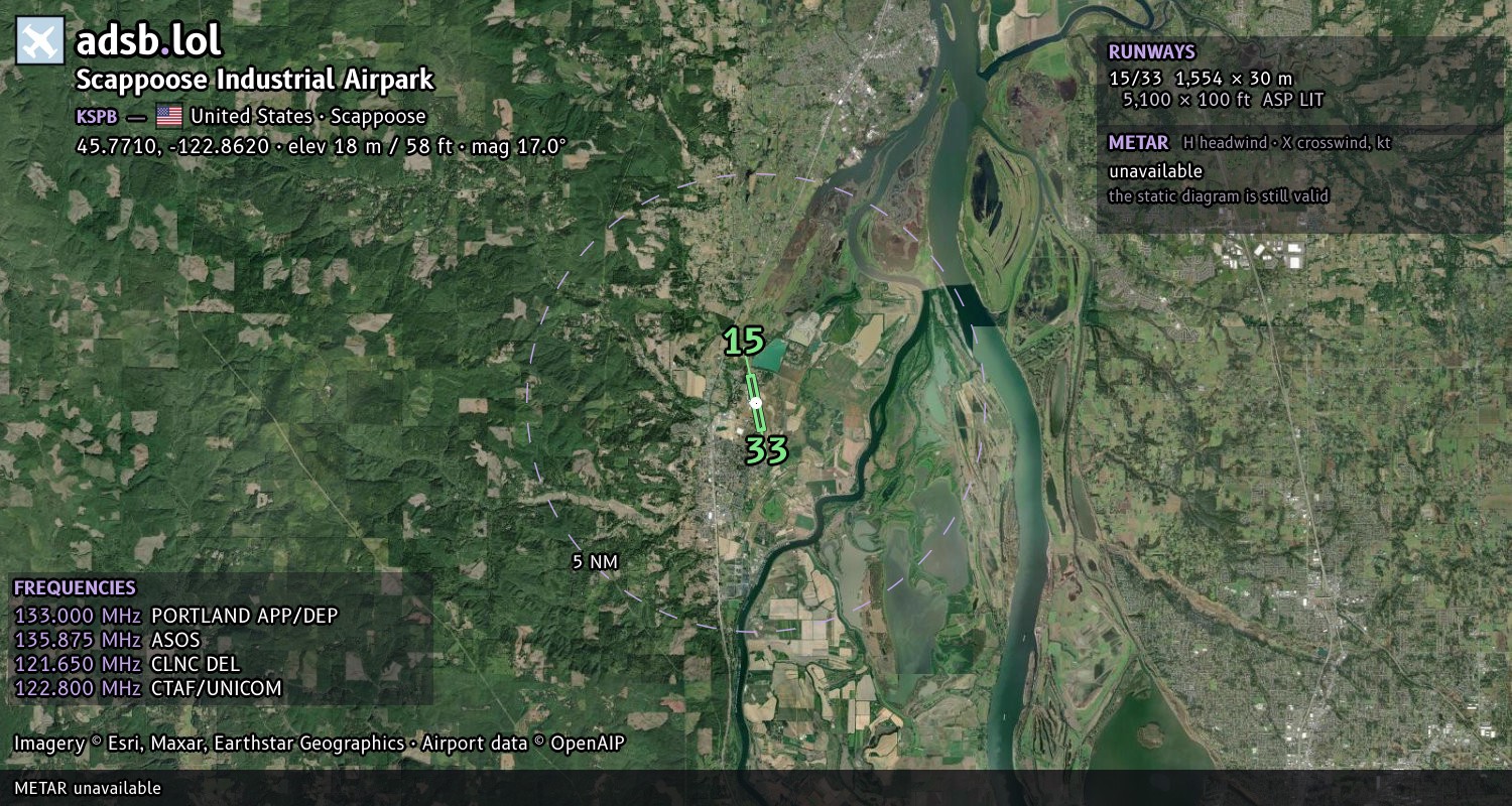 Satellite map with the runway layout of Scappoose Industrial Airpark (KSPB)
