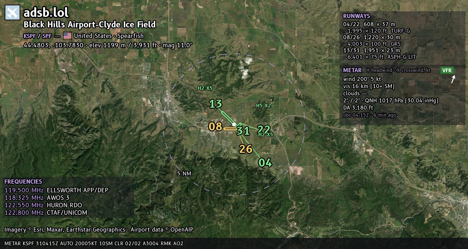Satellite map with the runway layout of Black Hills Airport-Clyde Ice Field (KSPF)