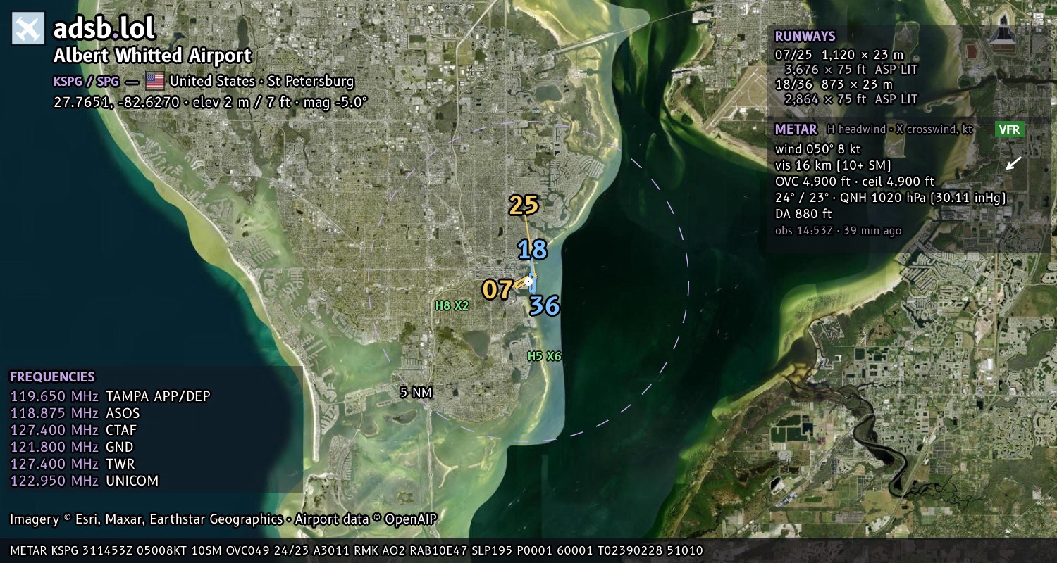 Satellite map with the runway layout of Albert Whitted Airport (KSPG)