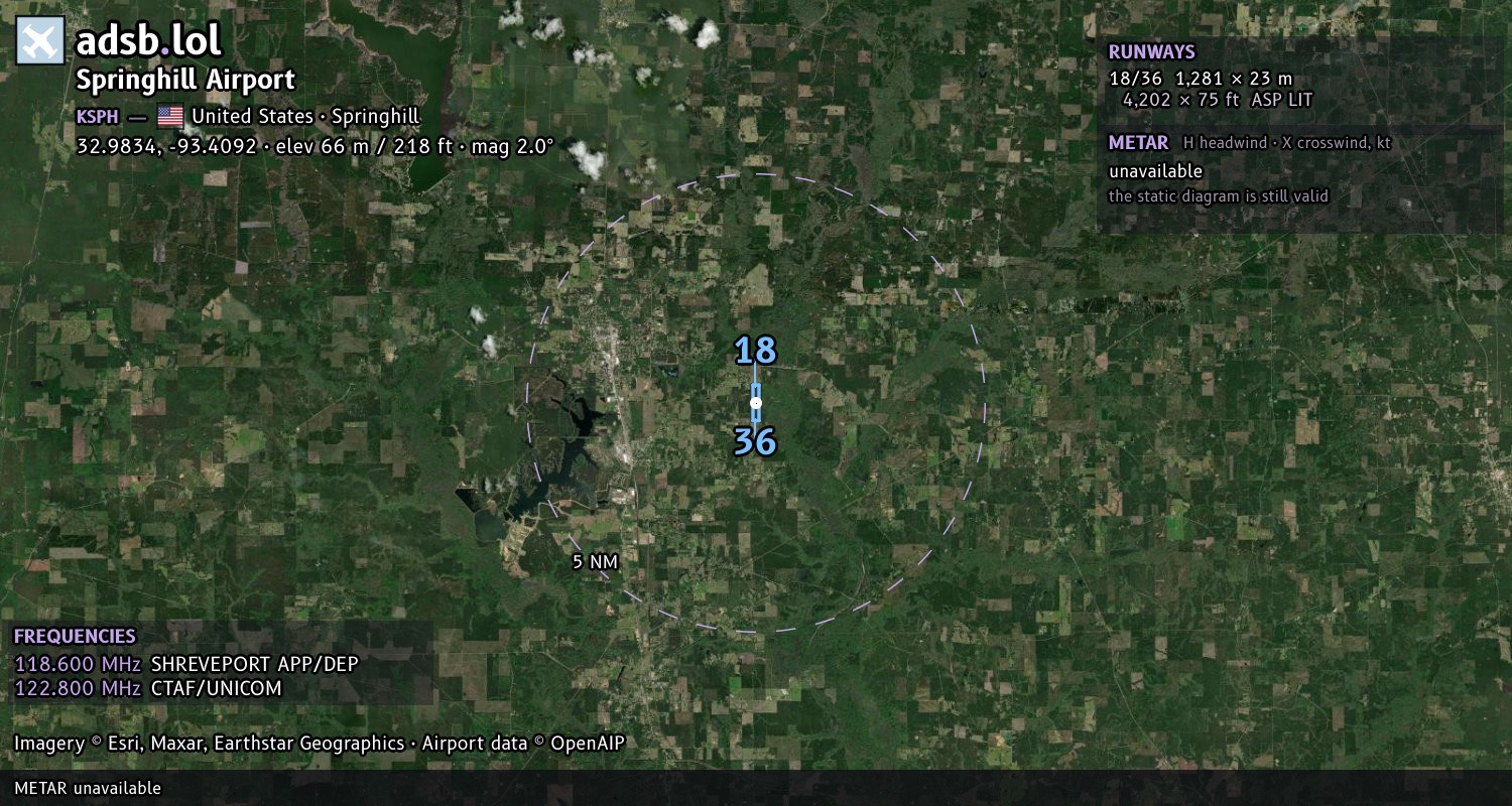 Satellite map with the runway layout of Springhill Airport (KSPH)