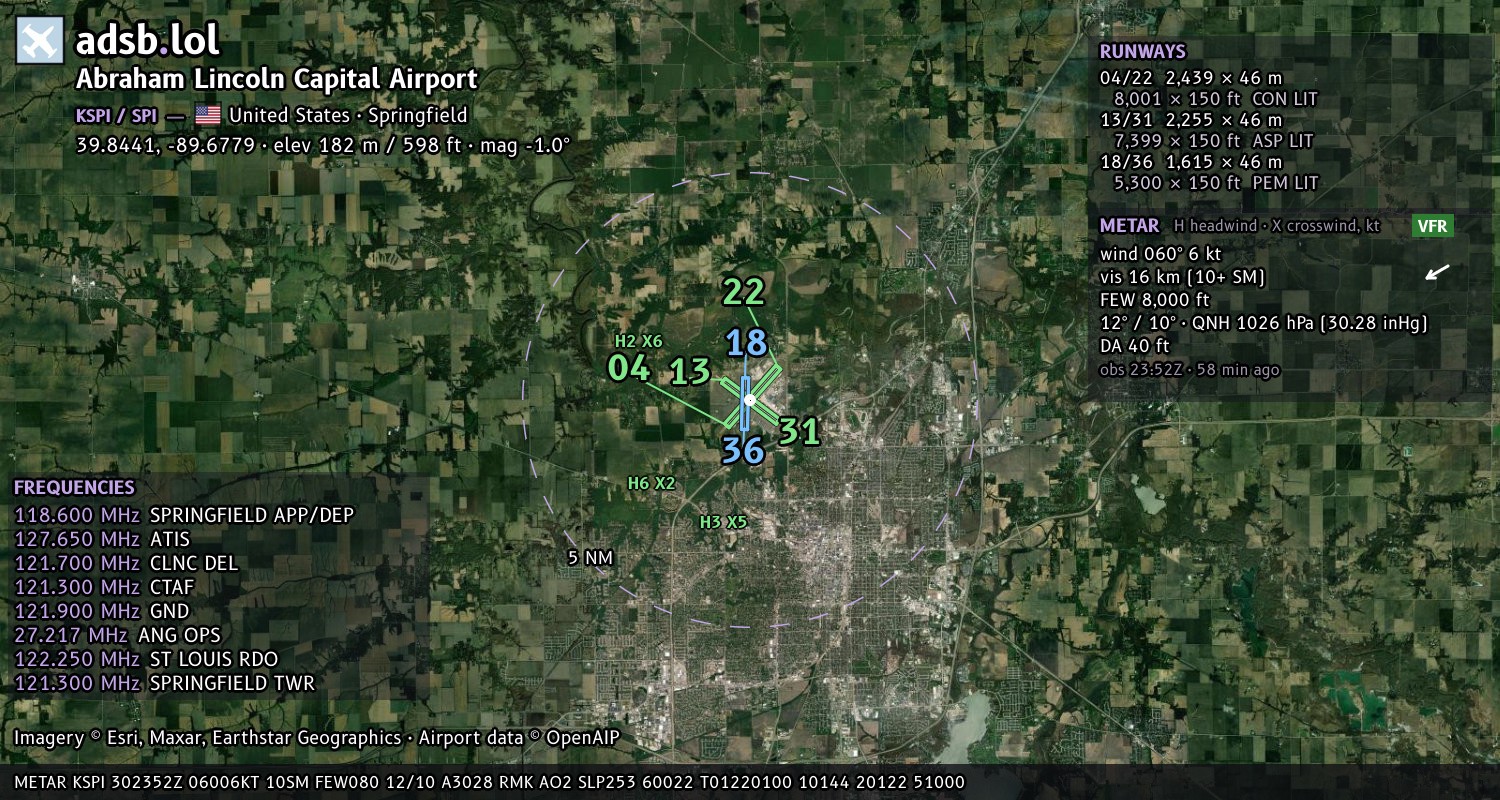Satellite map with the runway layout of Abraham Lincoln Capital Airport (KSPI)