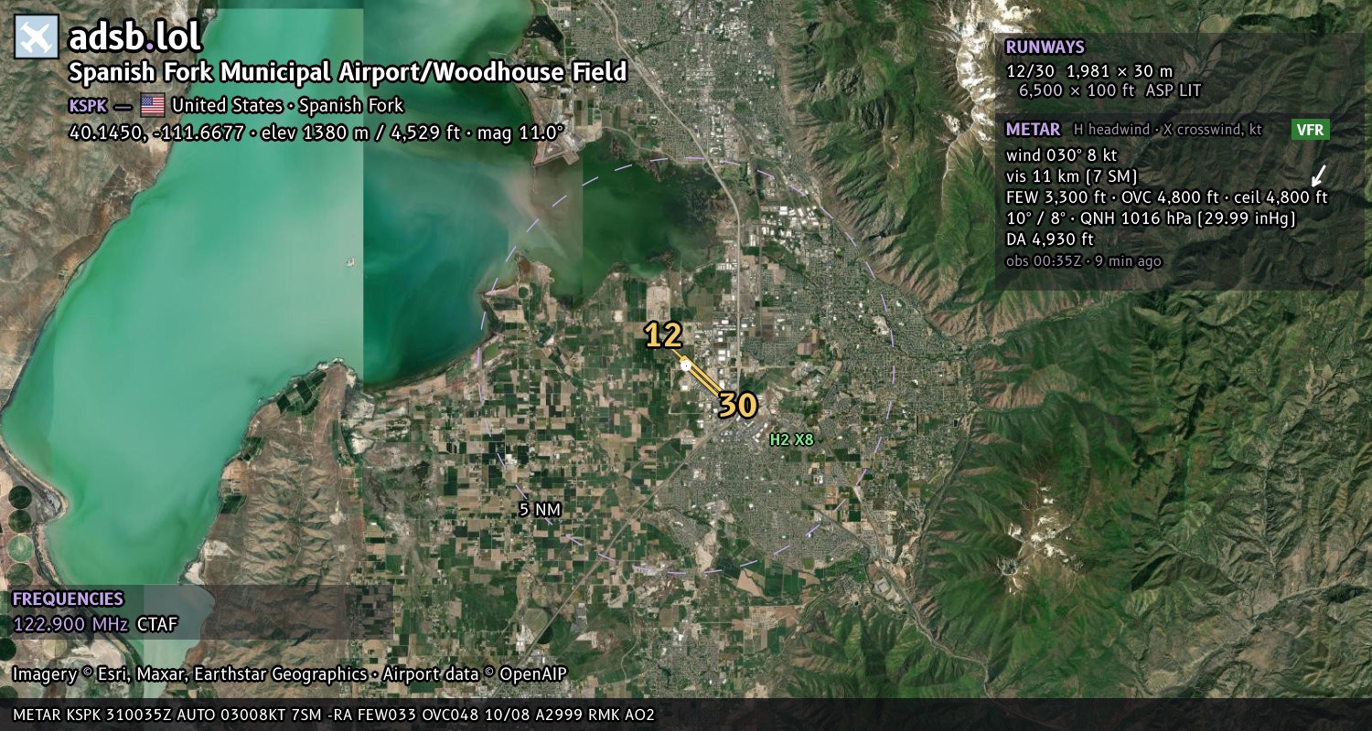 Satellite map with the runway layout of Spanish Fork Municipal Airport/Woodhouse Field (KSPK)