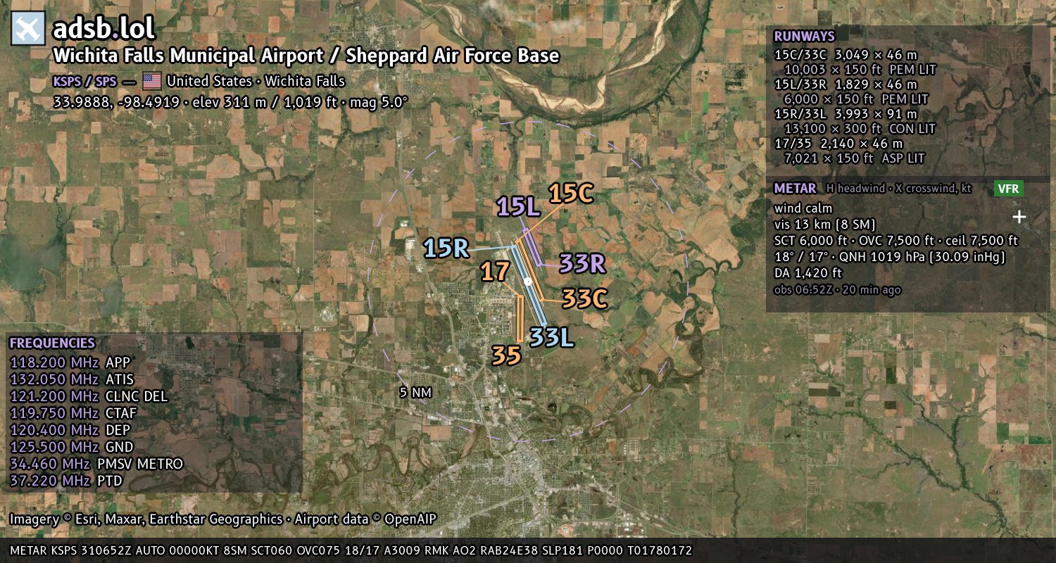 Satellite map with the runway layout of Wichita Falls Municipal Airport / Sheppard Air Force Base (KSPS)