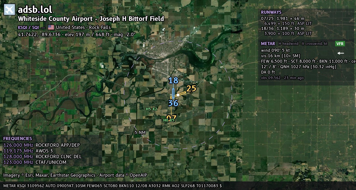 Satellite map with the runway layout of Whiteside County Airport - Joseph H Bittorf Field (KSQI)