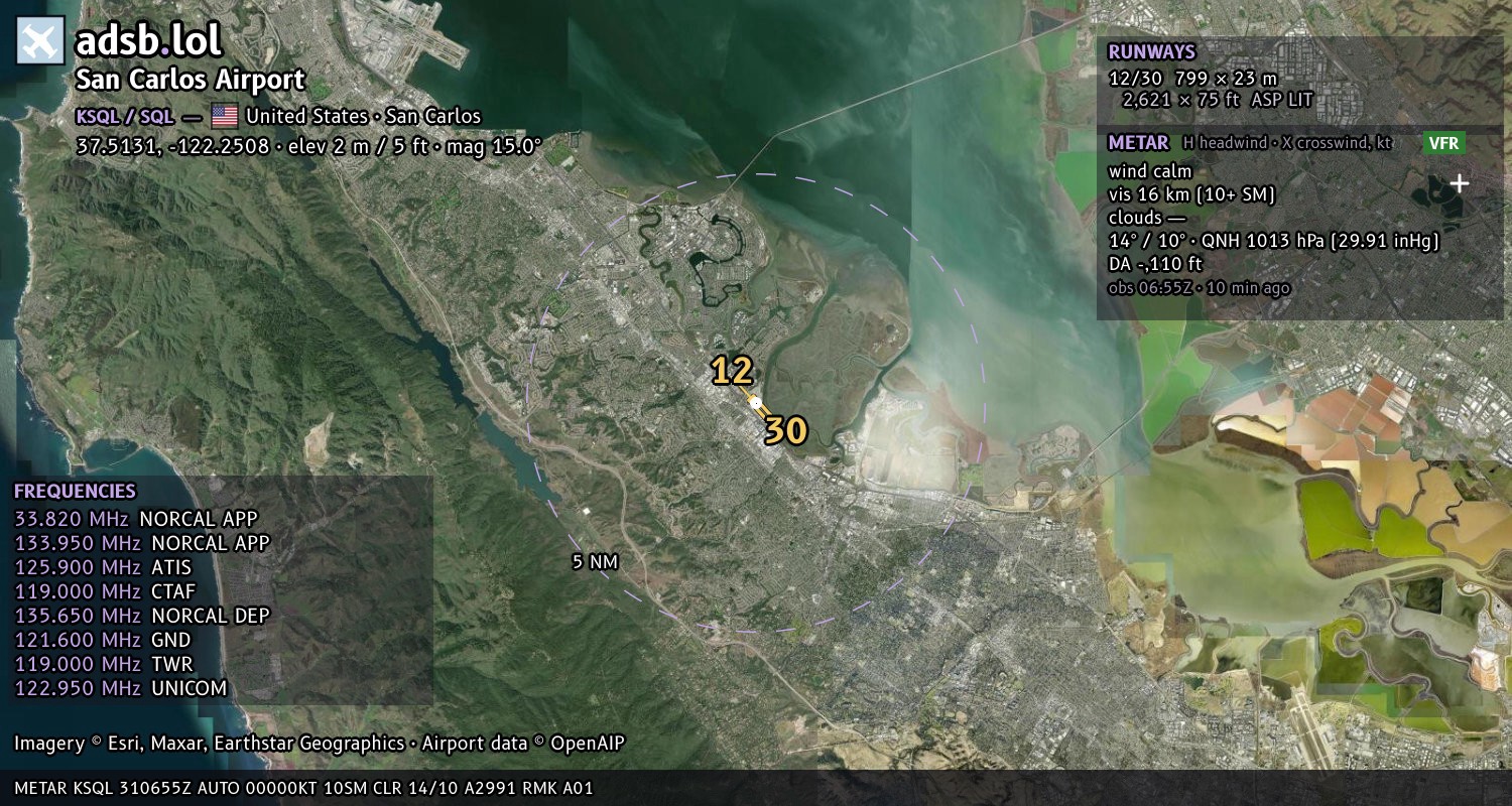 Satellite map with the runway layout of San Carlos Airport (KSQL)