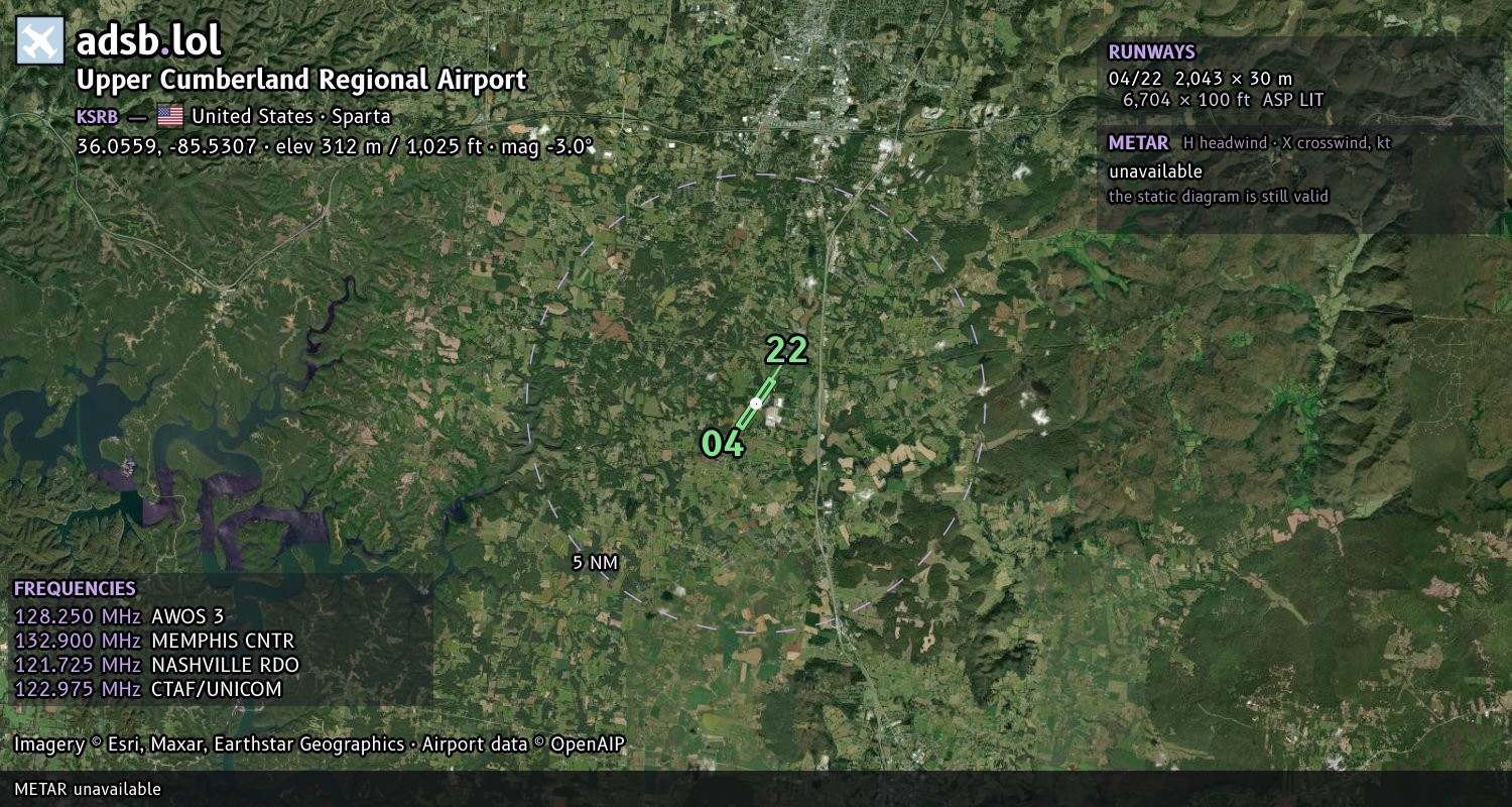 Satellite map with the runway layout of Upper Cumberland Regional Airport (KSRB)