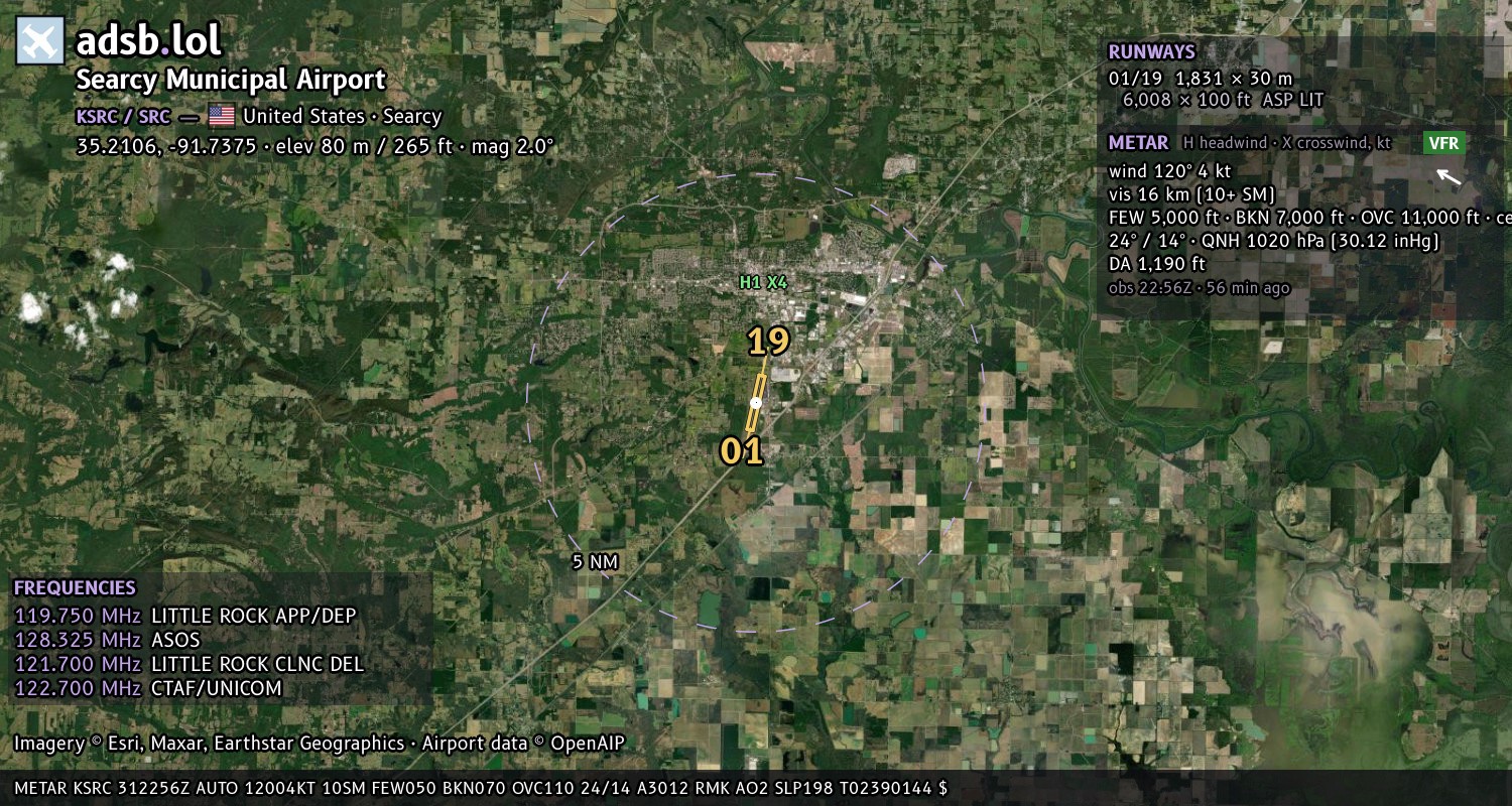 Satellite map with the runway layout of Searcy Municipal Airport (KSRC)