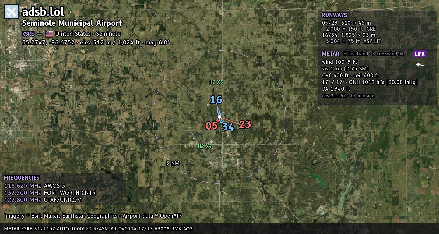 Satellite map with the runway layout of Seminole Municipal Airport (KSRE)