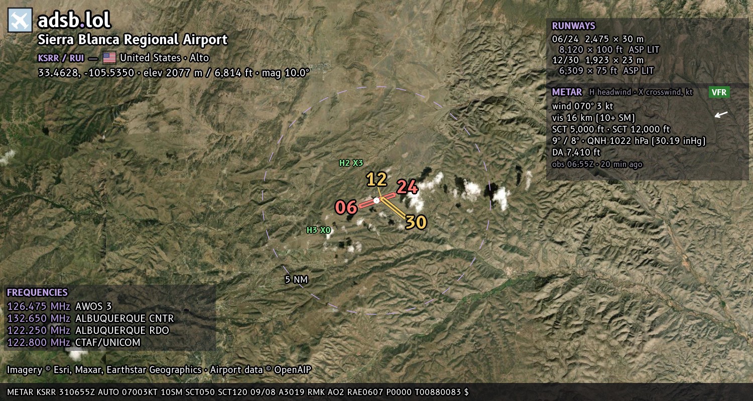Satellite map with the runway layout of Sierra Blanca Regional Airport (KSRR)