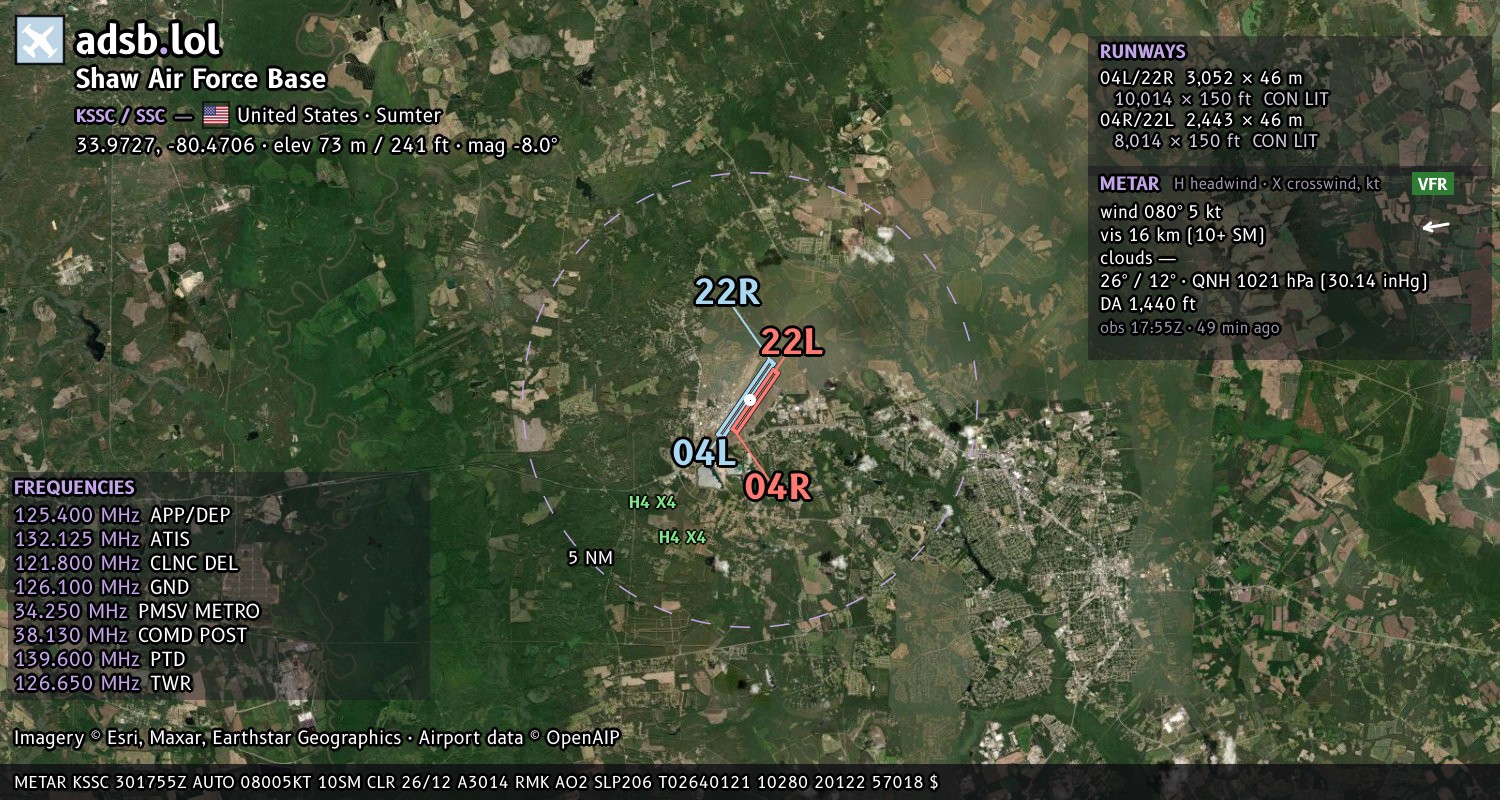 Satellite map with the runway layout of Shaw Air Force Base (KSSC)