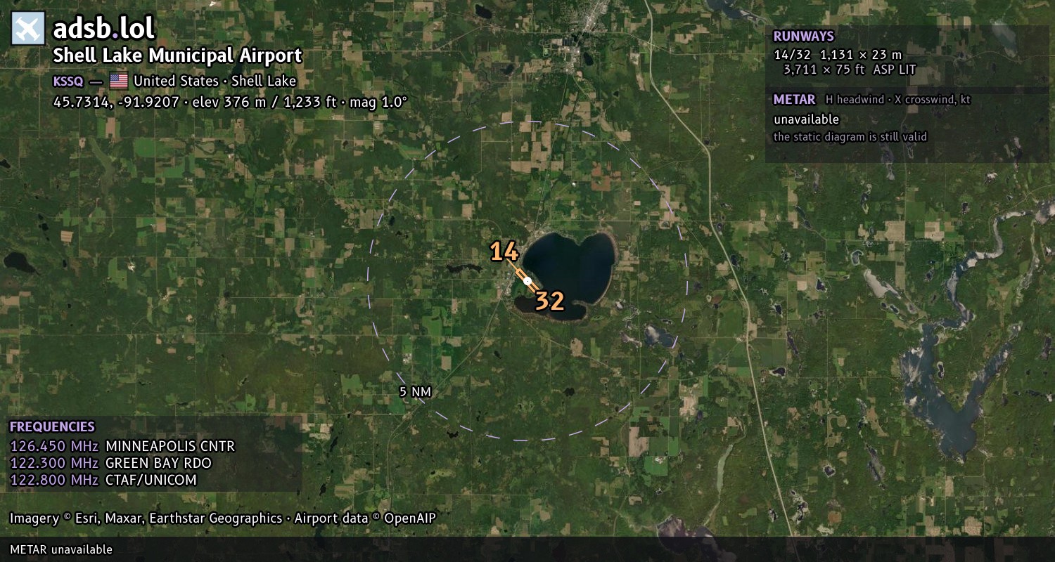 Satellite map with the runway layout of Shell Lake Municipal Airport (KSSQ)