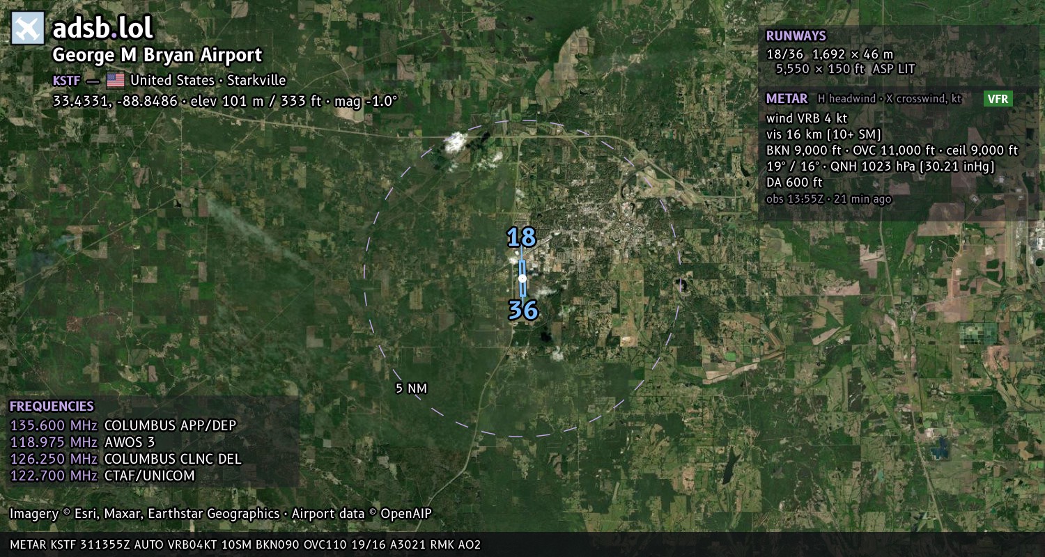 Satellite map with the runway layout of George M Bryan Airport (KSTF)