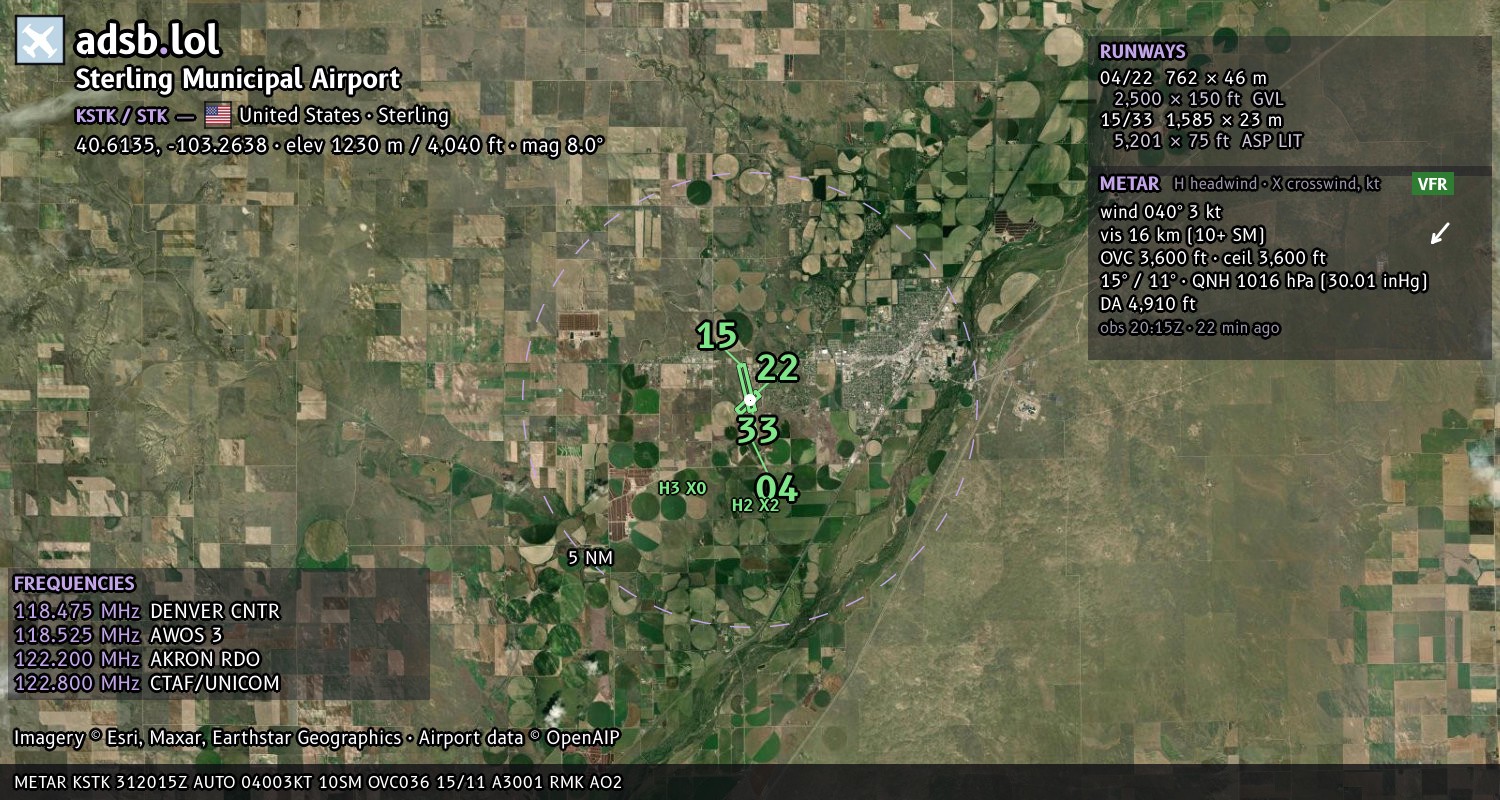 Satellite map with the runway layout of Sterling Municipal Airport (KSTK)