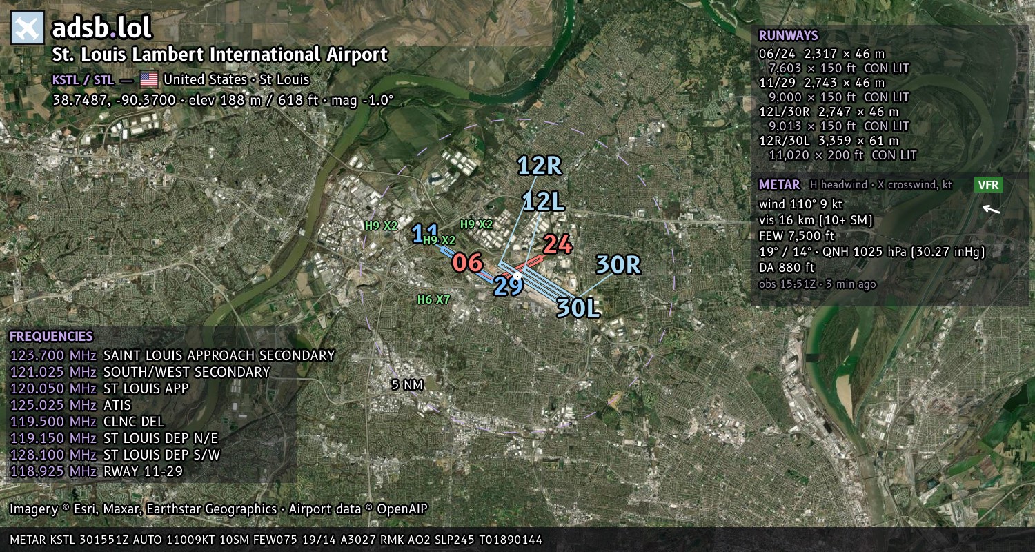 Satellite map with the runway layout of St. Louis Lambert International Airport (KSTL)