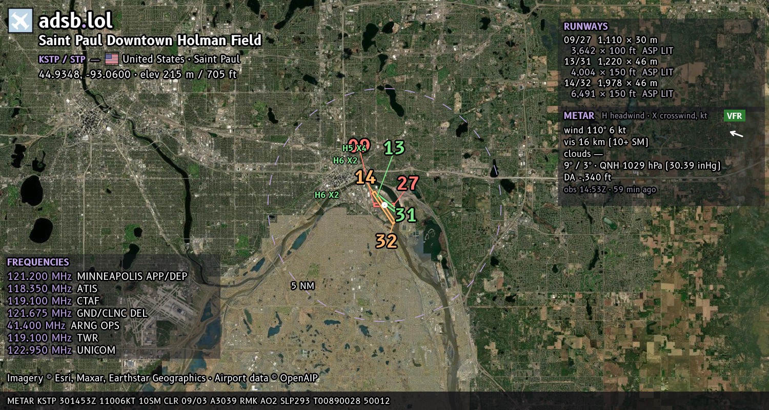 Satellite map with the runway layout of Saint Paul Downtown Holman Field (KSTP)