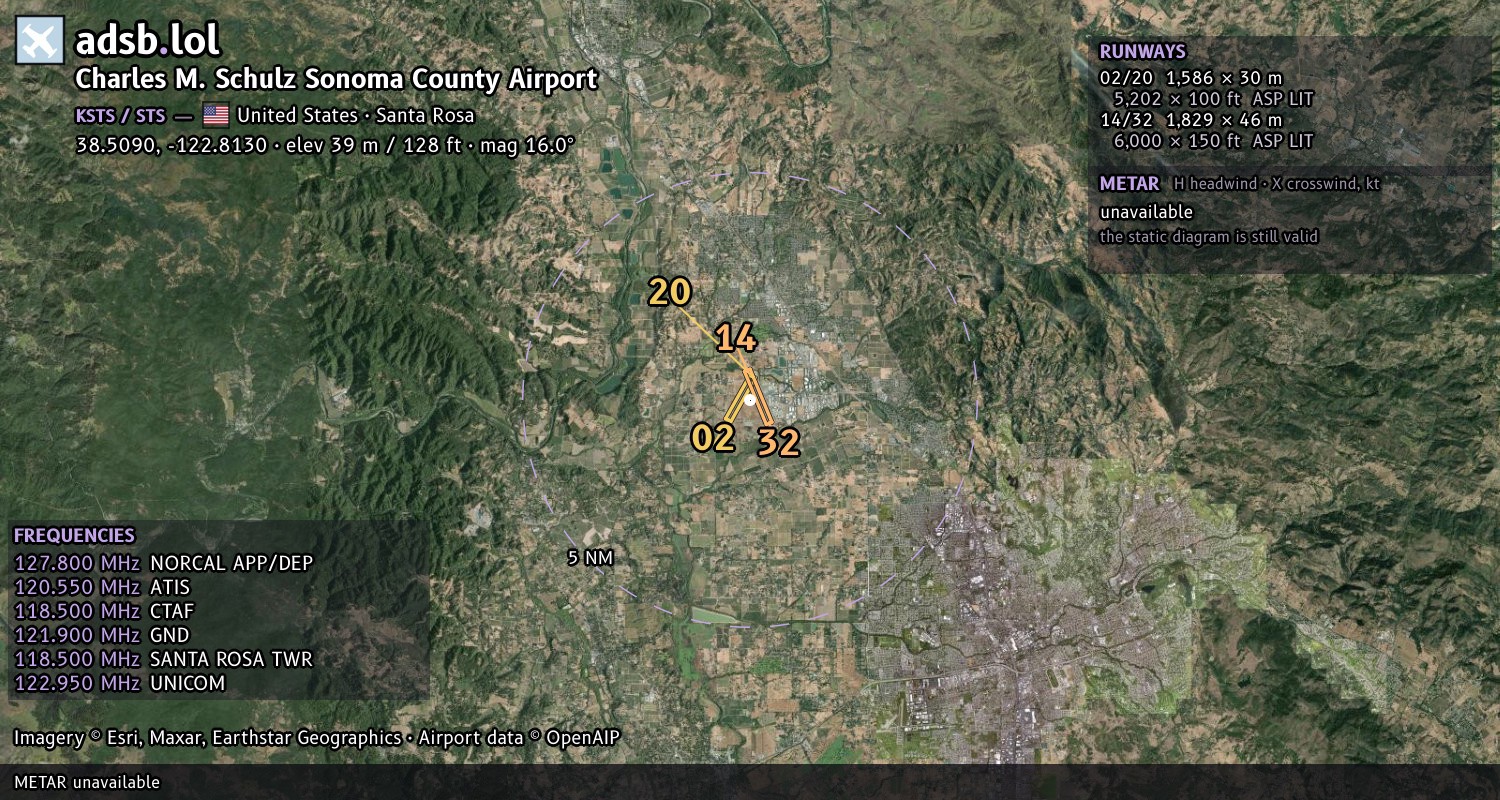 Satellite map with the runway layout of Charles M. Schulz Sonoma County Airport (KSTS)