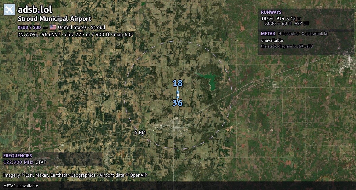 Satellite map with the runway layout of Stroud Municipal Airport (KSUD)