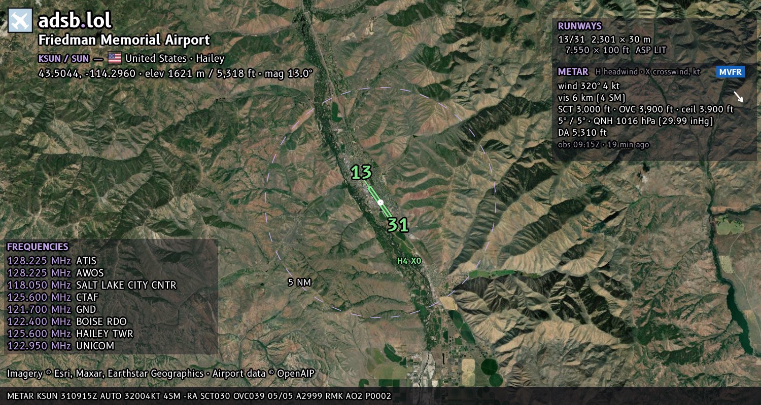 Satellite map with the runway layout of Friedman Memorial Airport (KSUN)