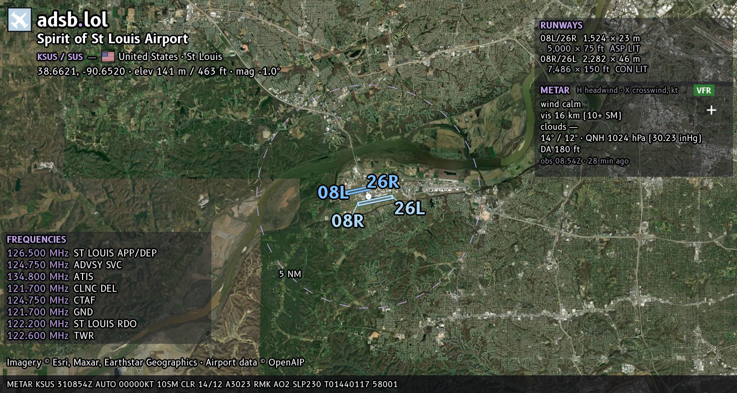 Satellite map with the runway layout of Spirit of St Louis Airport (KSUS)