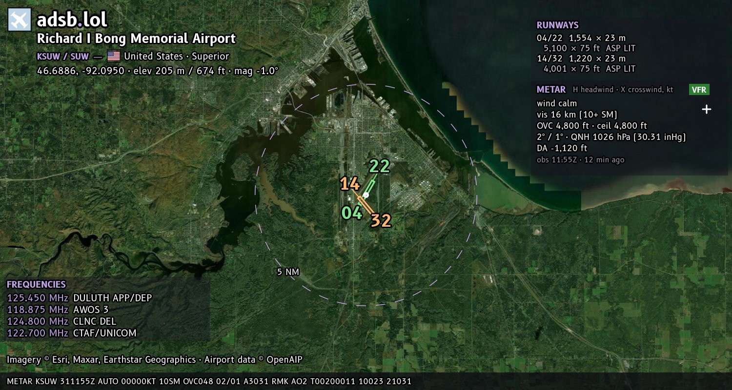 Satellite map with the runway layout of Richard I Bong Memorial Airport (KSUW)