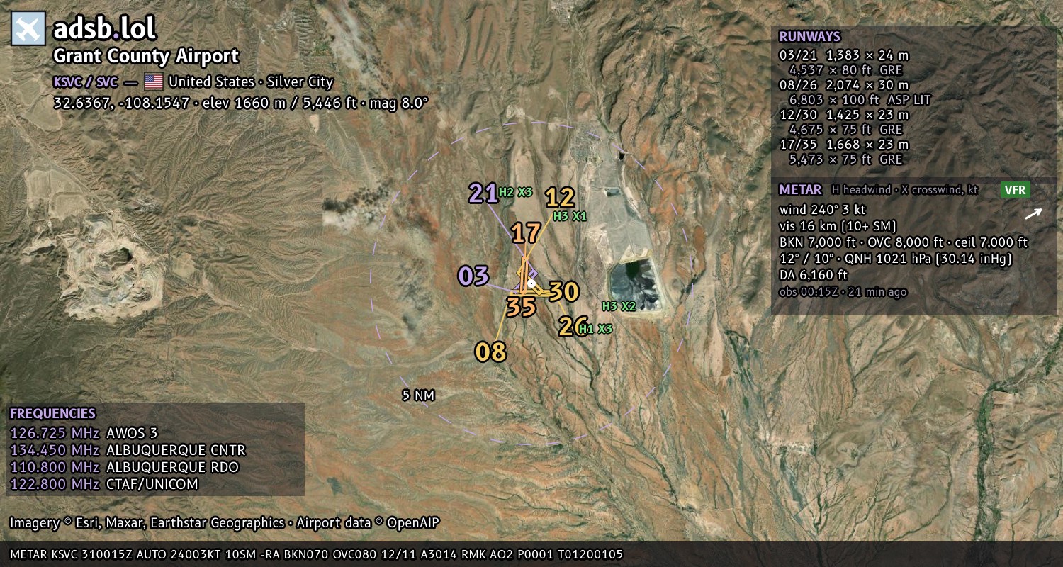 Satellite map with the runway layout of Grant County Airport (KSVC)