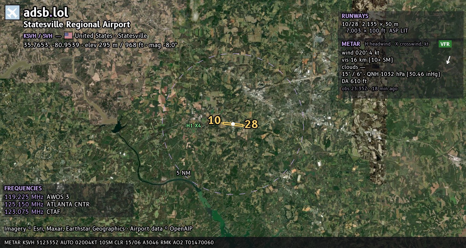 Satellite map with the runway layout of Statesville Regional Airport (KSVH)