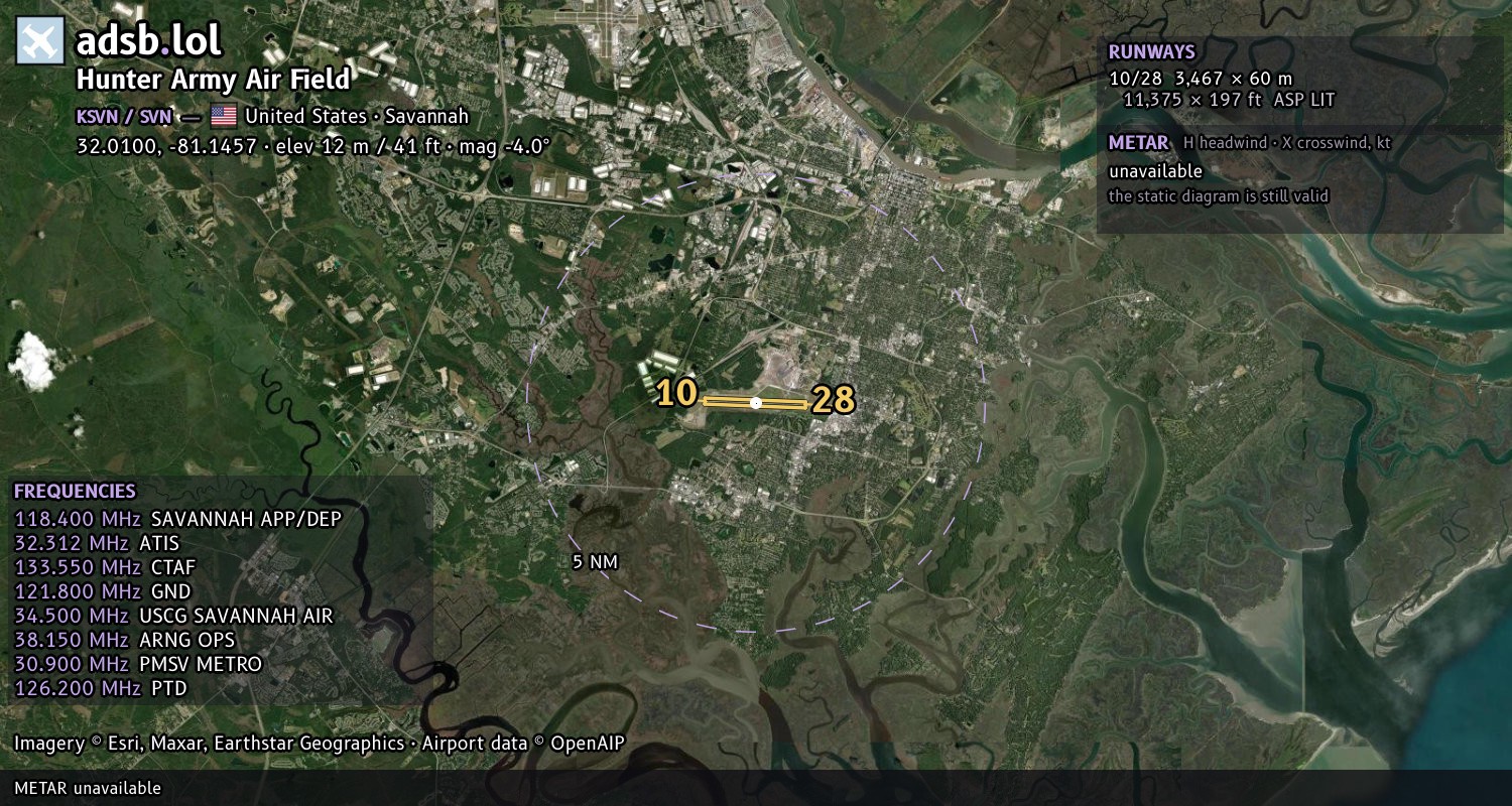 Satellite map with the runway layout of Hunter Army Air Field (KSVN)