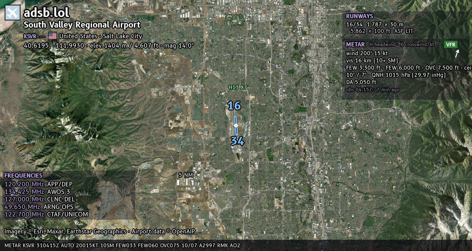 Satellite map with the runway layout of South Valley Regional Airport (KSVR)