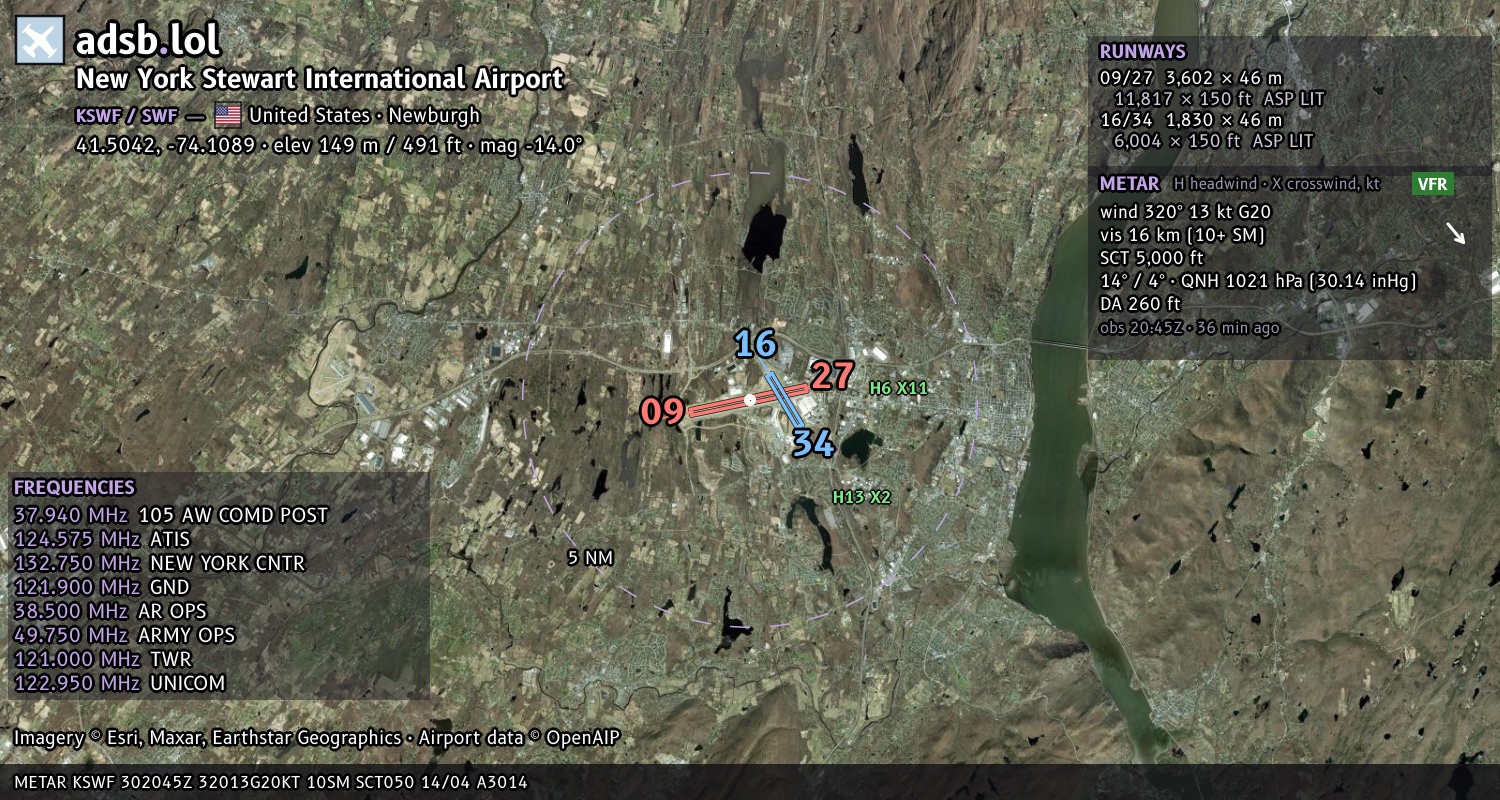 Satellite map with the runway layout of New York Stewart International Airport (KSWF)