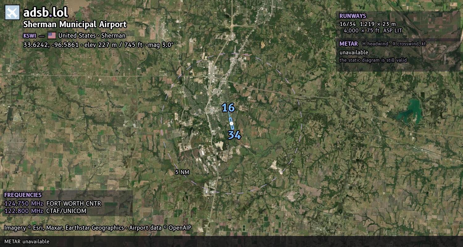 Satellite map with the runway layout of Sherman Municipal Airport (KSWI)