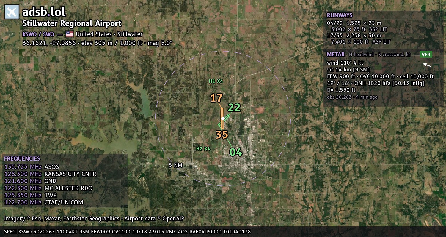 Satellite map with the runway layout of Stillwater Regional Airport (KSWO)